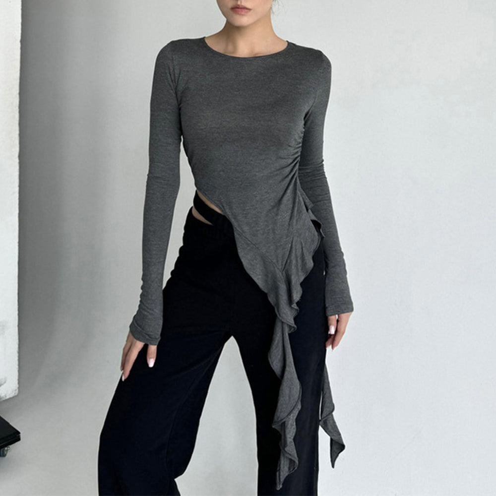 Solid Color Round Neck Ruffled Long-sleeved T-shirt