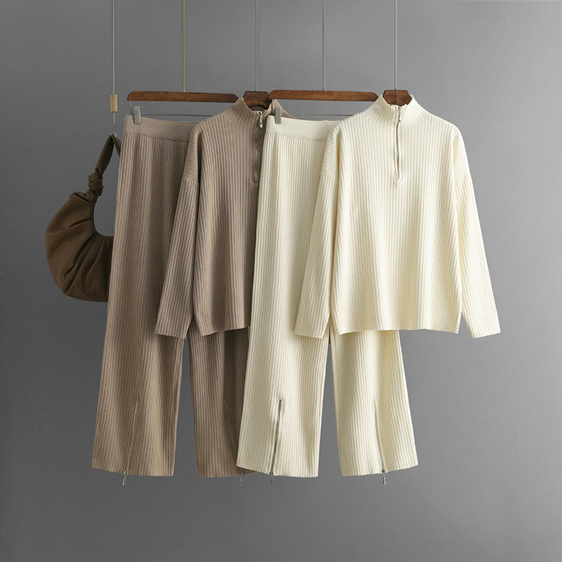 Casual Turtleneck Zipper Sweater Two-Piece Set