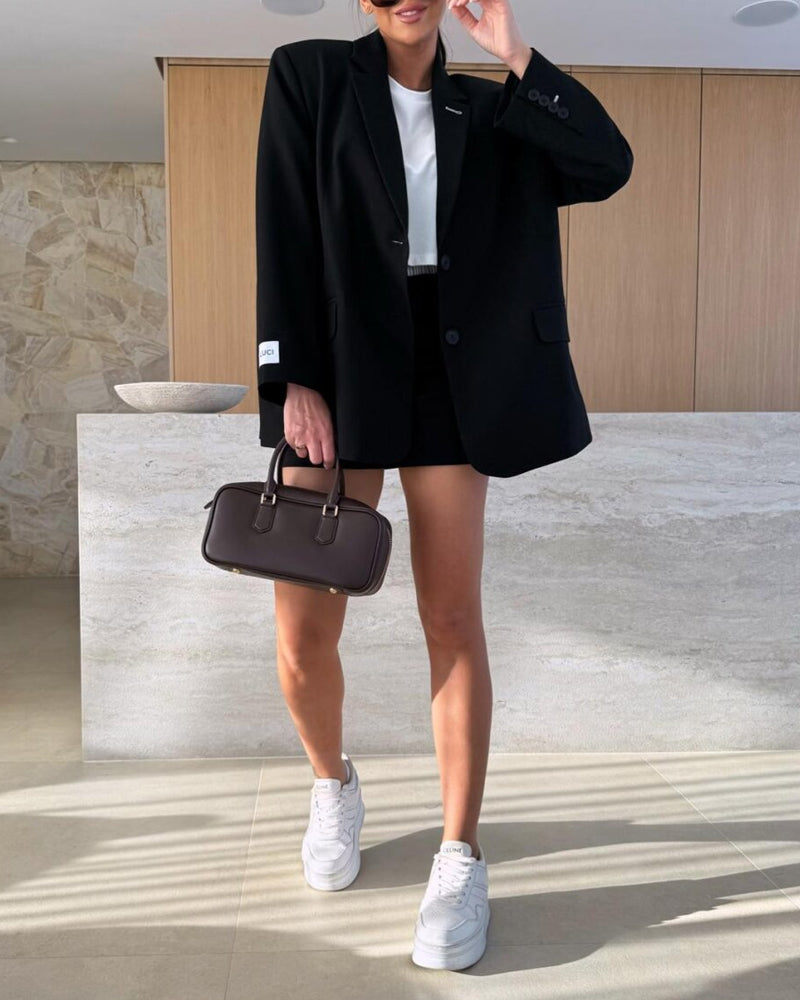 Fashion Blazer & Striped Skirt Shorts Two-Piece Set