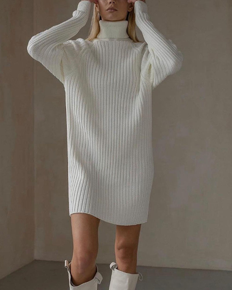 Casual high collar pit strip knitted dress