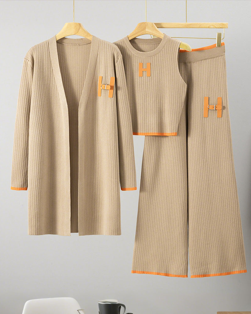 Knitted Long Cardigan Vest Trousers Three-piece Set