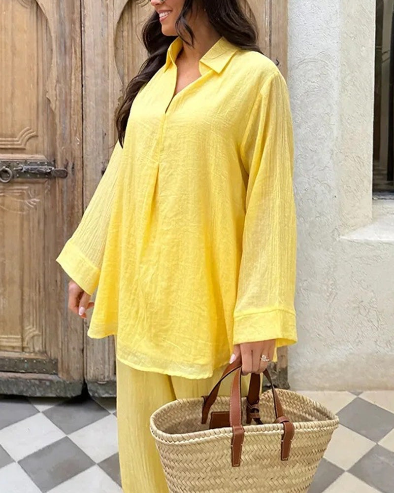 Casual V-Neck Shirt Pants Set