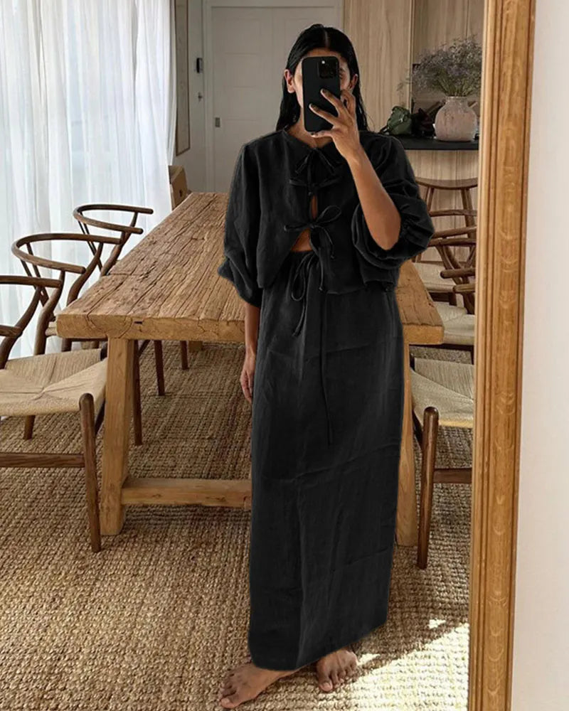Retro puff sleeve two piece set