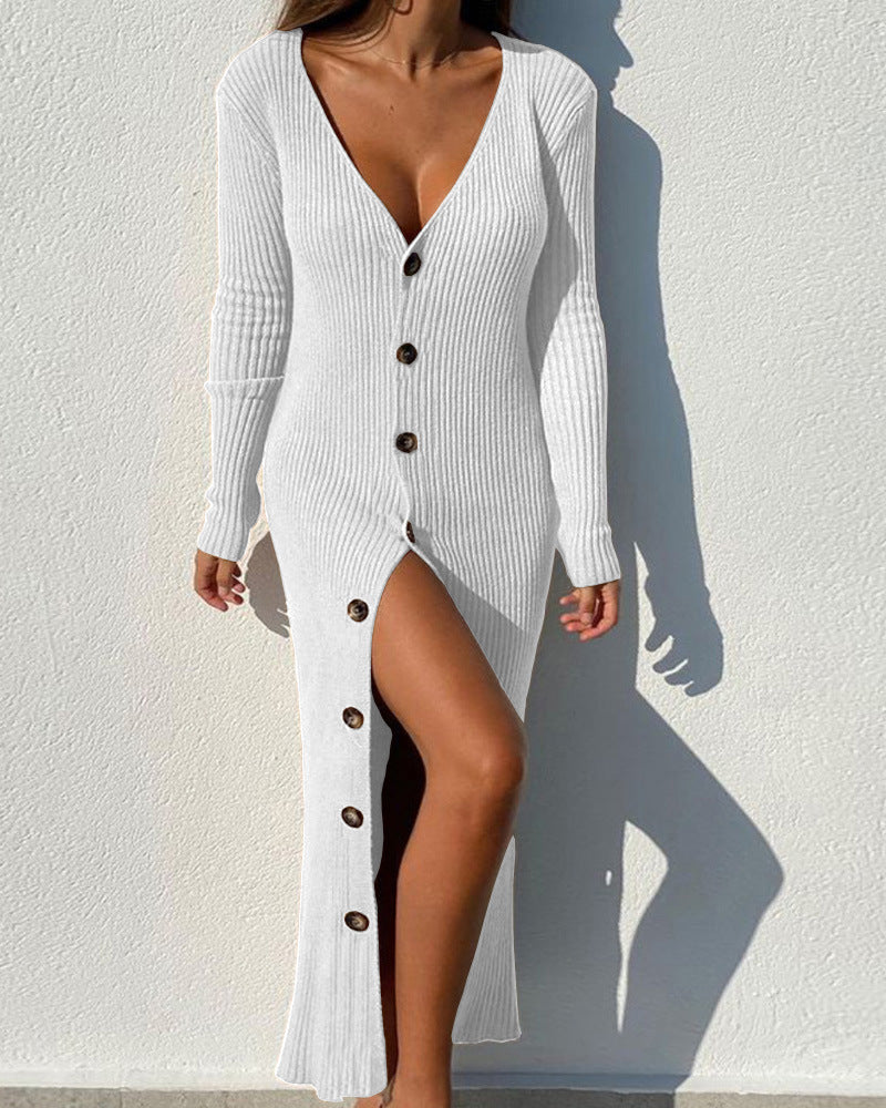 Knit ribbed button long-sleeve cardigan dress