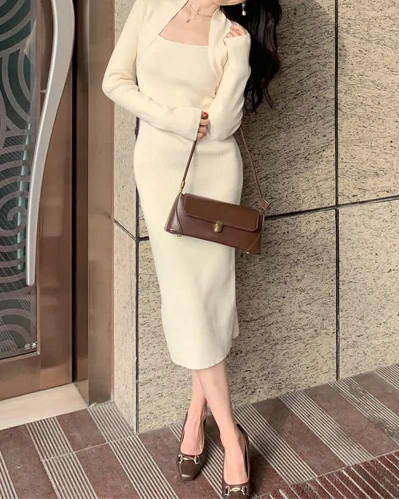 Retro Elegance Pack Shoulder Square Neck Slim Dress