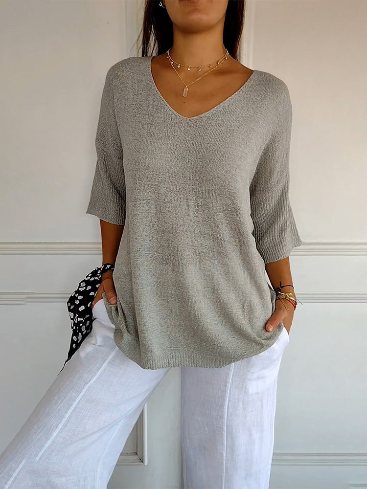Casual V-neck Solid Color Slimming Top