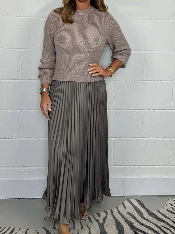 Fashion Solid Color Long-Sleeved Patchwork Pleated Dress