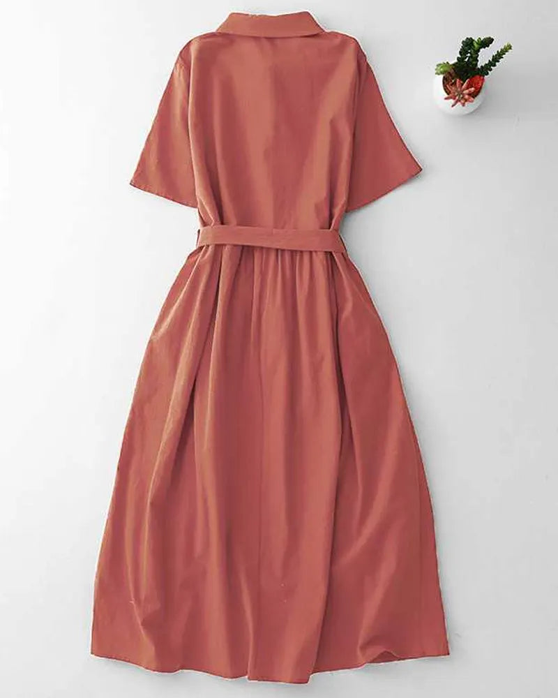 Simple Lace-Up Shirt Collar Dress