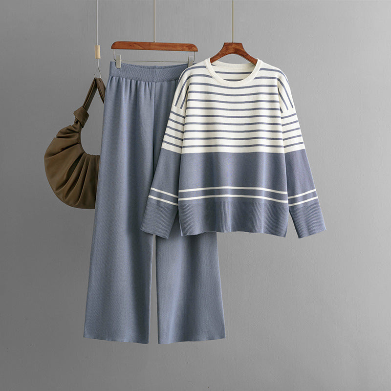 Casual Striped Crewneck Sweater Stylish Two-piece Set