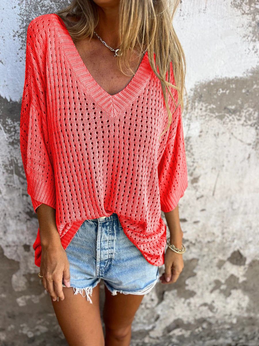 Hollow Long Sleeve V-Neck Top