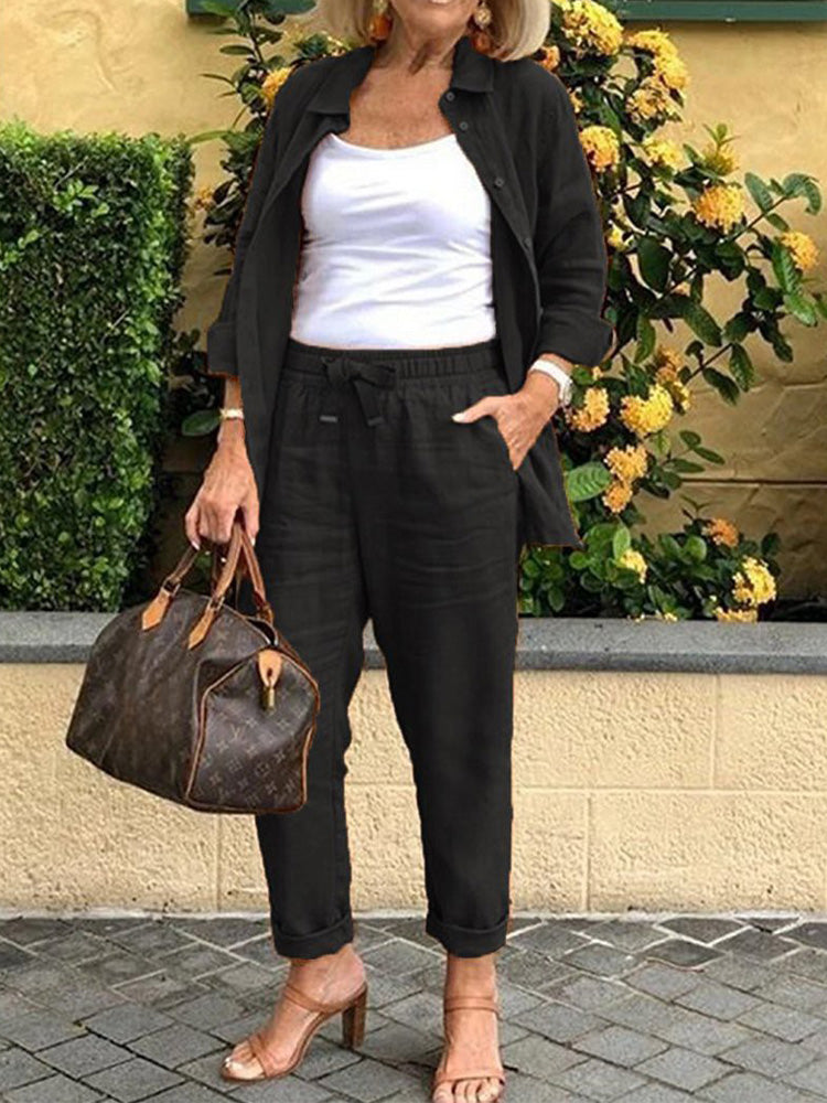 Casual Lapel Blazer & Loose Pants Two-Piece Set