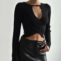 Hollow knitted ribbed long-sleeved crop top