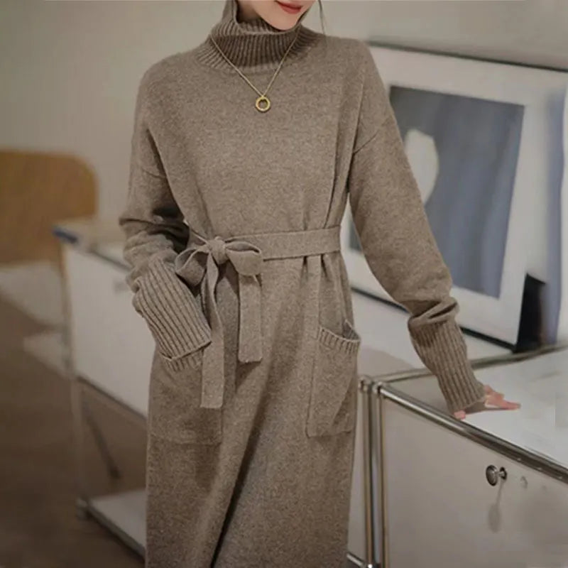 Winter fashion turtleneck knitted dress