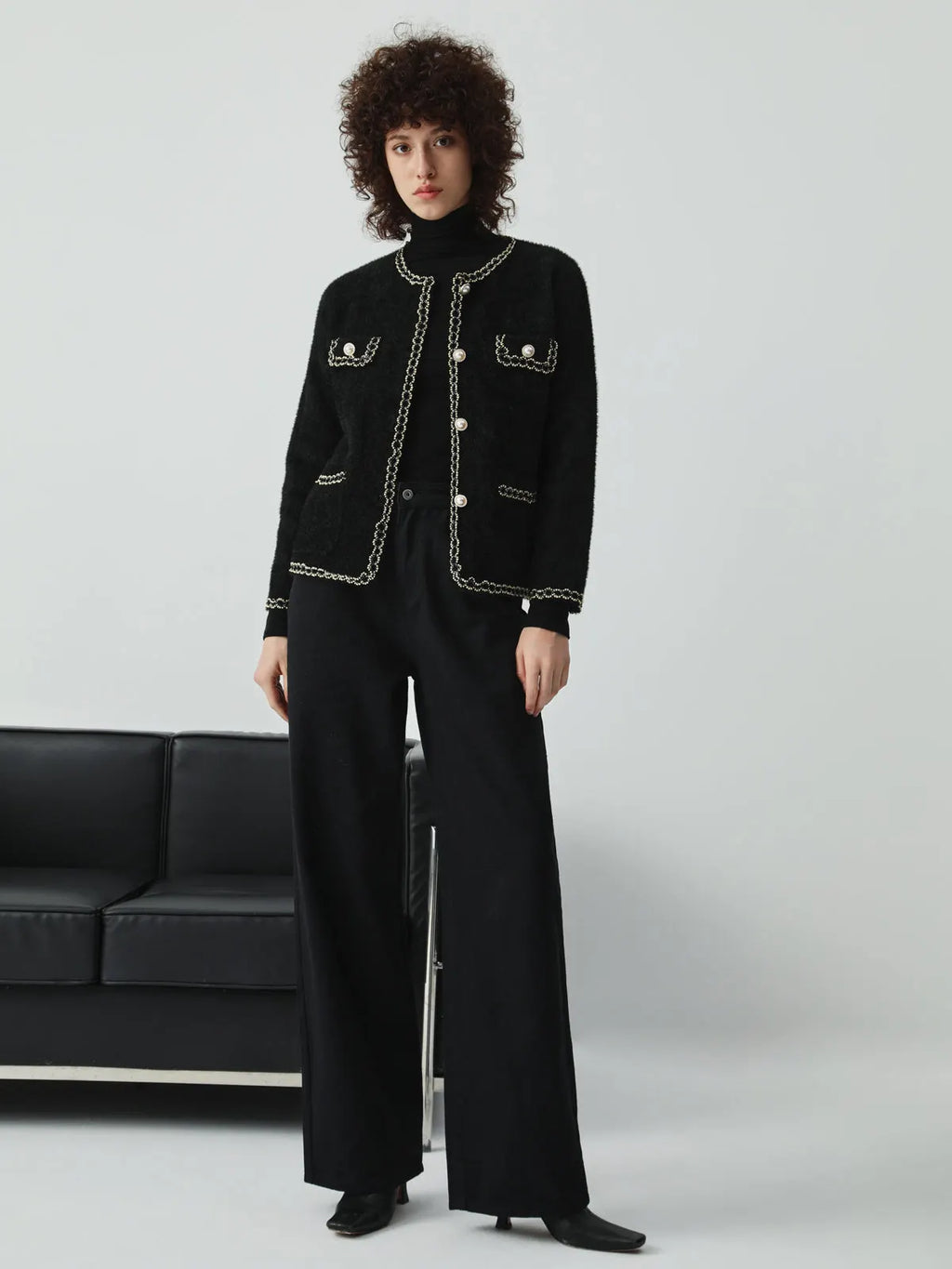 Pearl Button Contrast Trim Fuzzy Cardigan