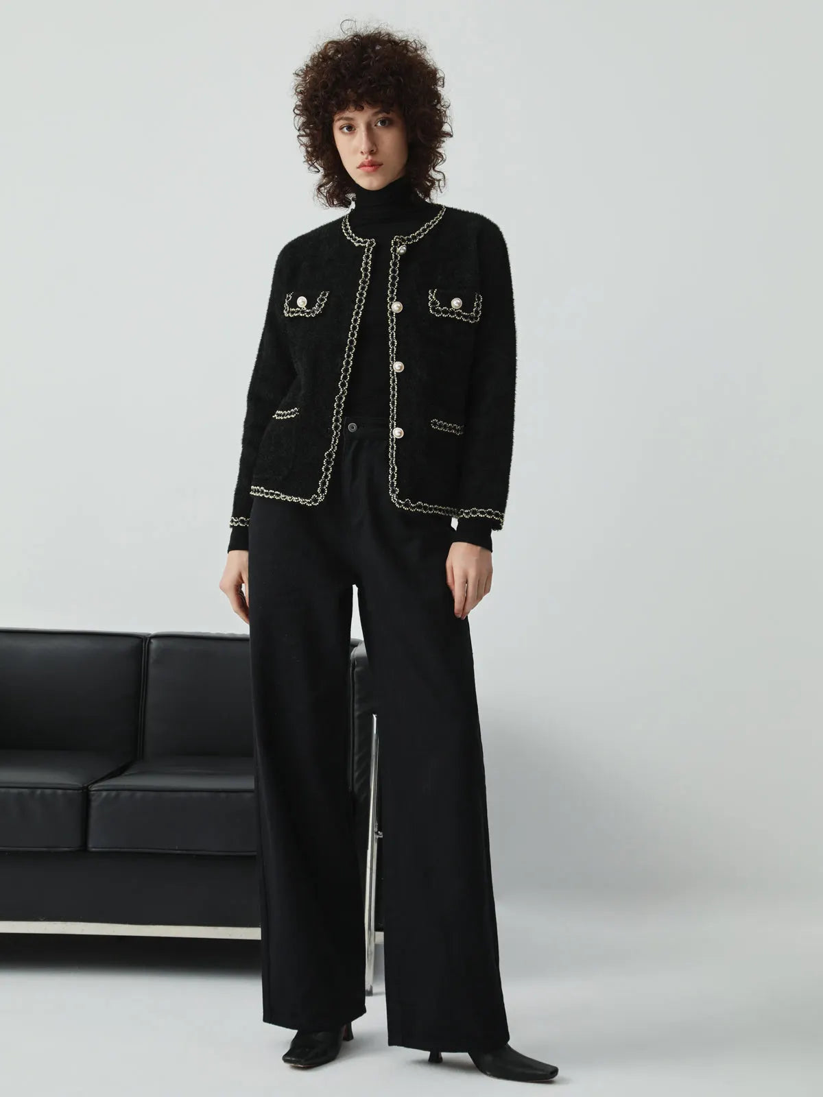 Pearl Button Contrast Trim Fuzzy Cardigan
