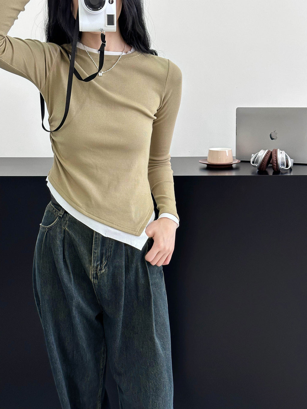 Asymmetric Hem Contrast Trim Long Sleeve Shirt