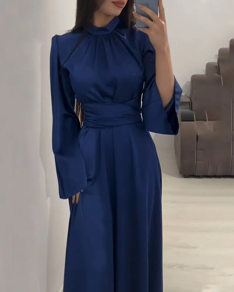 Chic pleated collar cross-waist tie dress