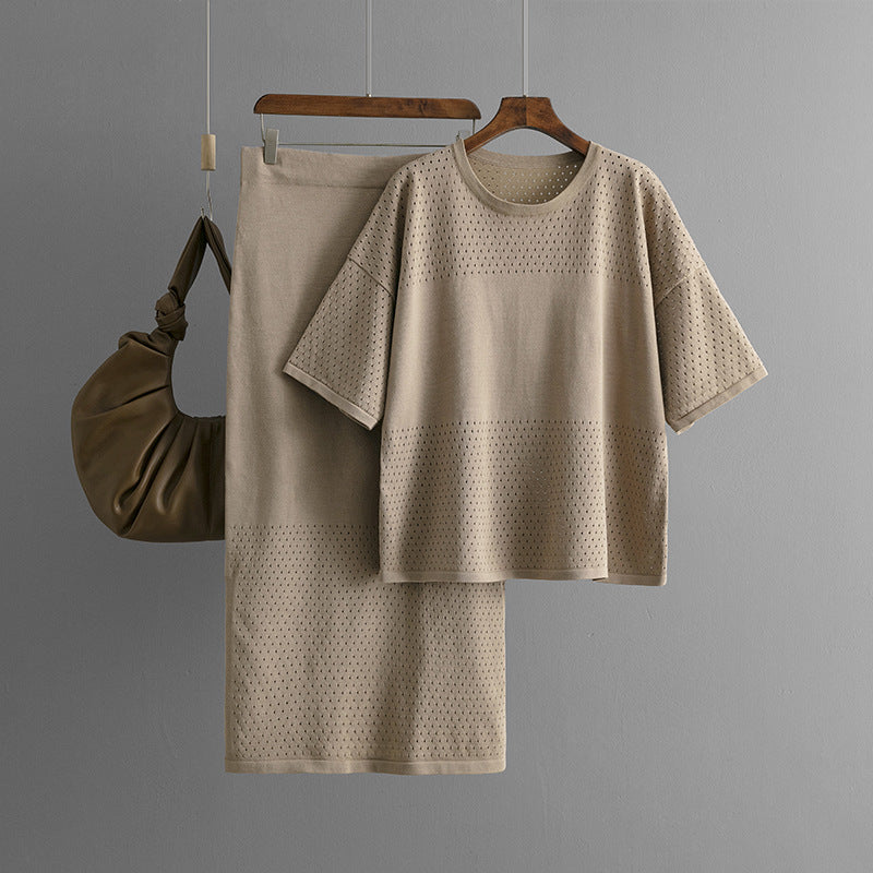 Casual Hollow Top & Skirt Solid Color Two-Piece Set