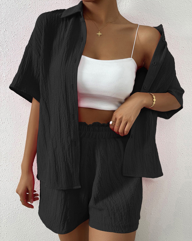 Fashion Crumple Shirt Shorts Set