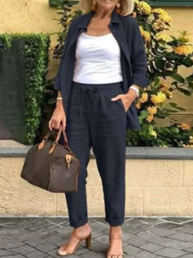 Casual Lapel Blazer & Loose Pants Two-Piece Set