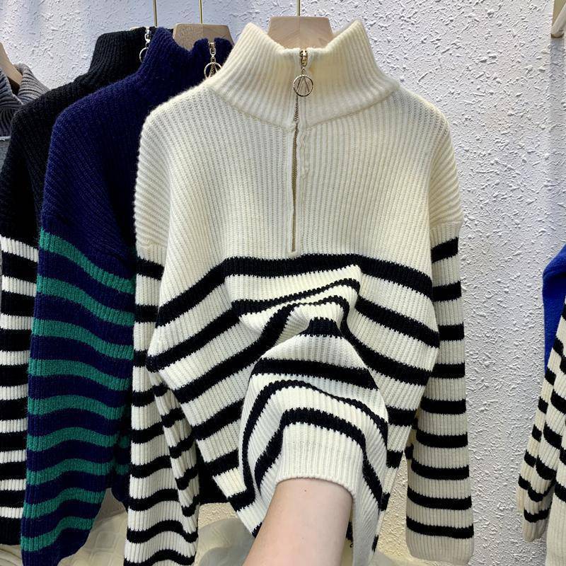 Turtleneck Striped Zip Sweater