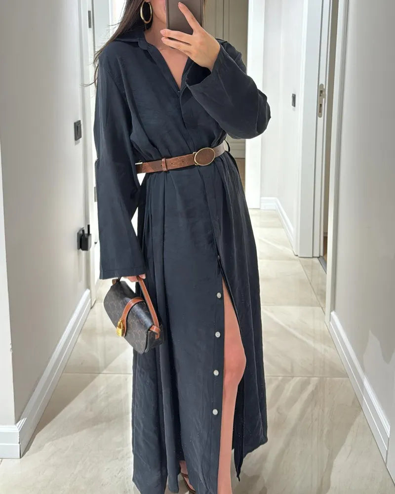 Casual Solid Color Shirt Dress (Without Belt)