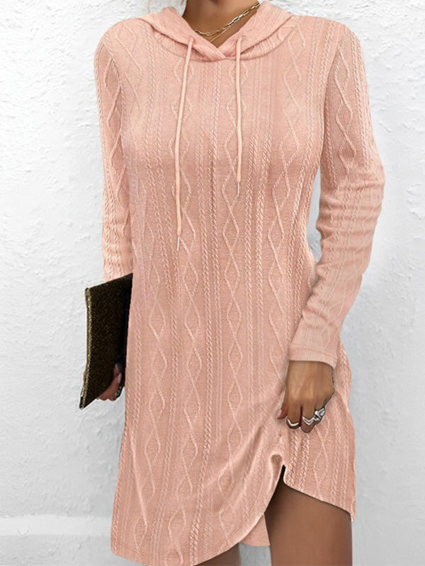 Solid Color Long-Sleeved Hooded Jumper Knit Dress