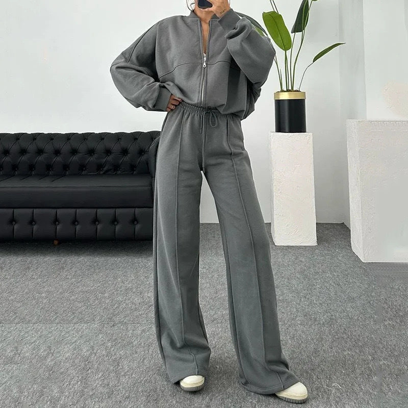 Fashionable Sweatshirt Jacket & Straight Pants Two-piece Set
