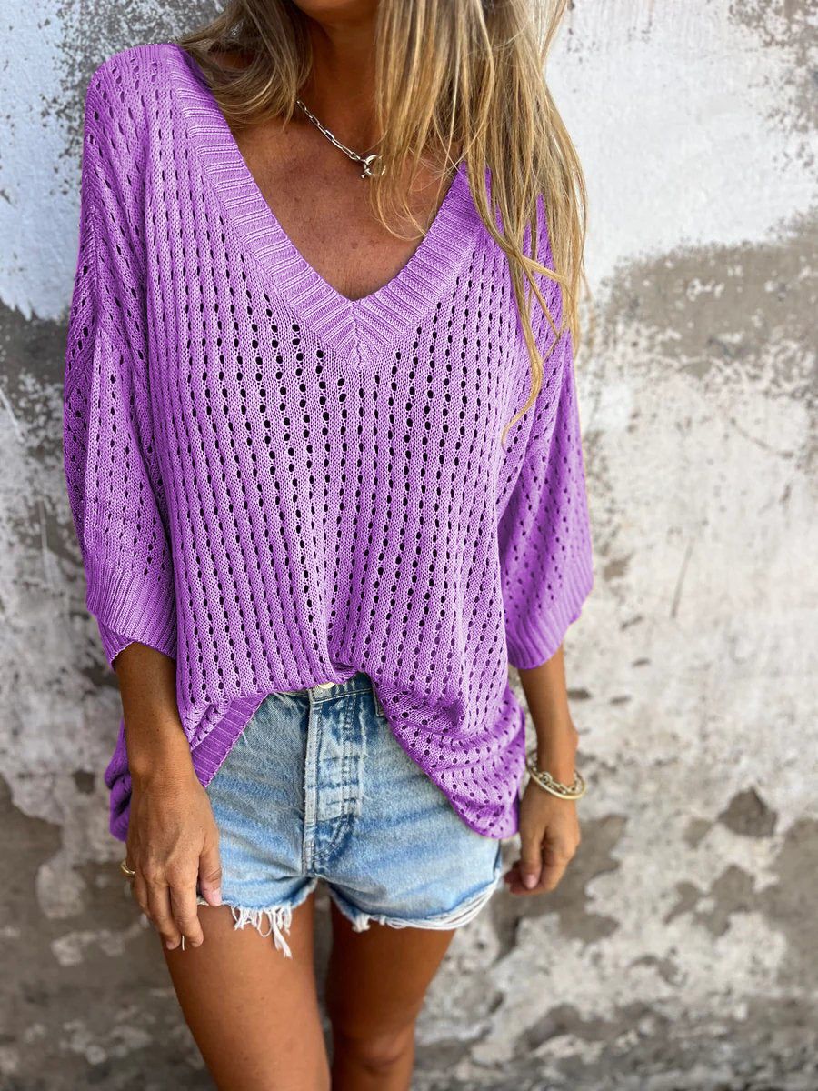 Hollow Long Sleeve V-Neck Top