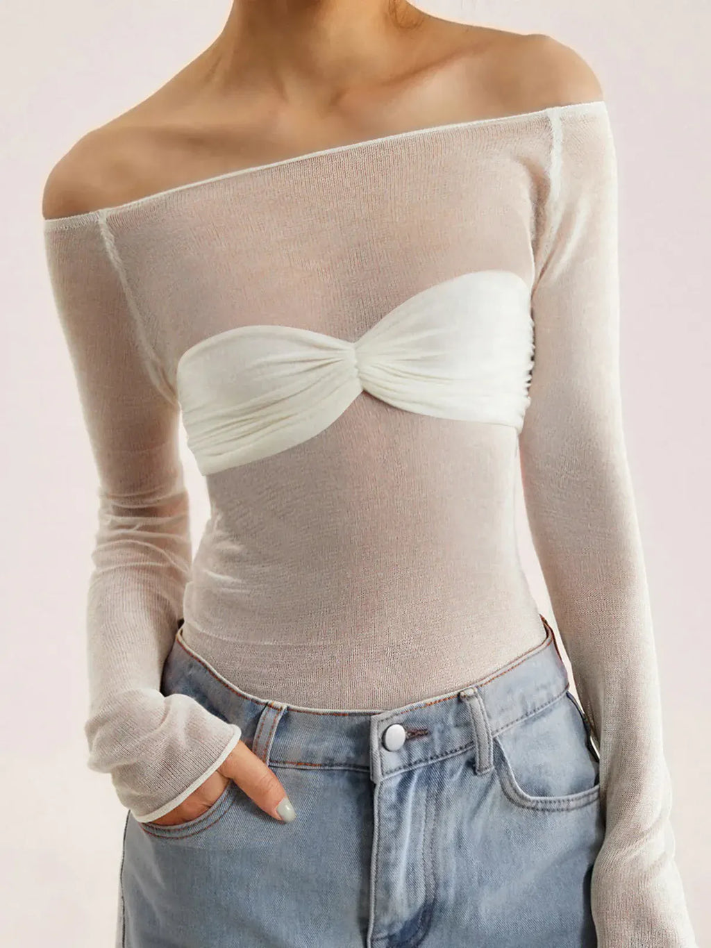Nostalgia Off-Shoulder Mesh Long Sleeve Sweater