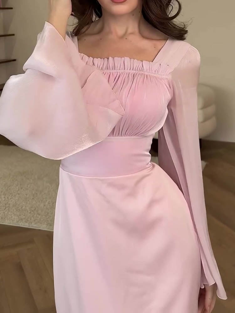 Elegent Square Neck Long Sleeve Dress