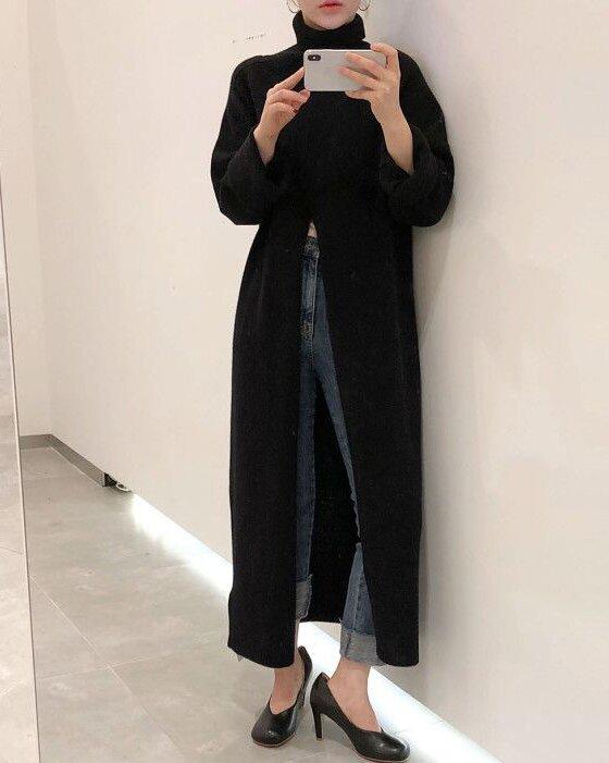 Sleeve Loose Casual Split Over The Knee Long Sweater