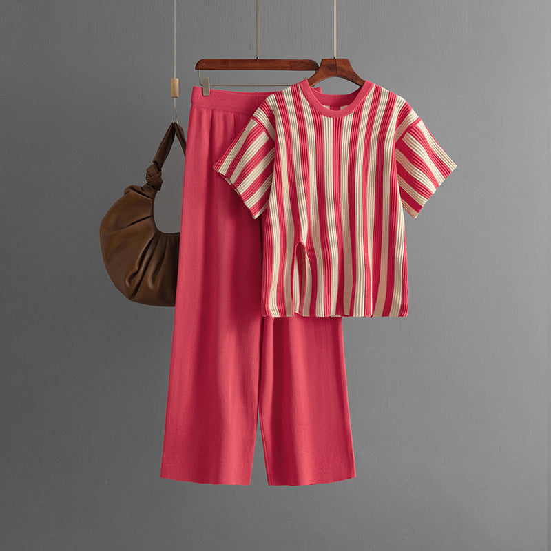 Casual Vertical Stripe Slit Top & High Waist Solid Color Pants Two-Piece Set