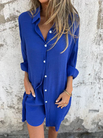 Casual Solid Color Shorts Long Sleeve Wrinkled Cloth Shirt Two-Piece Set