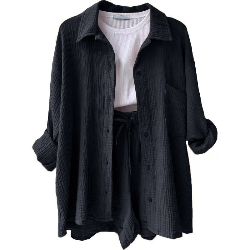 Fashion Shirt High Waist Drawstring Shorts Set