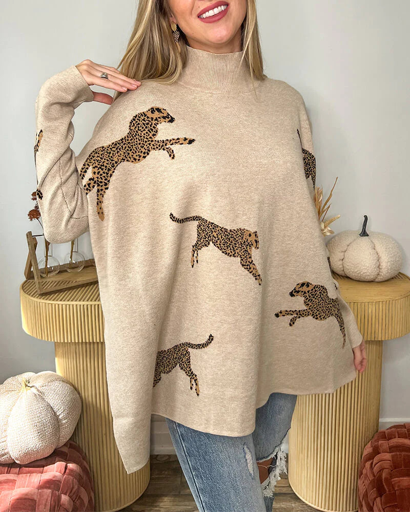 Casual Turtleneck Cheetah Print Sweater