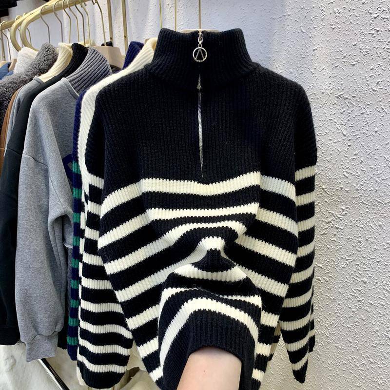 Turtleneck Striped Zip Sweater