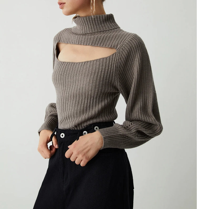 Turtleneck Puff Long Sleeve Knit Top
