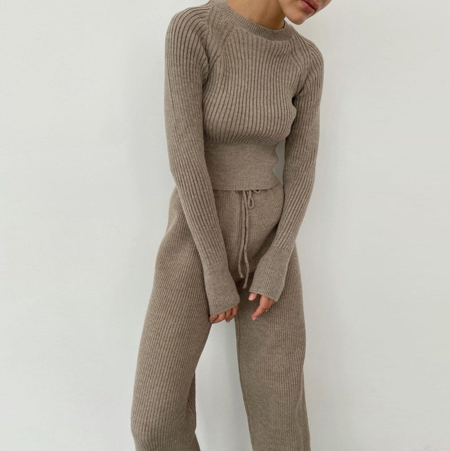 Retro Jacquard Sweater Top Casual Solid Color Slim-Fit Sweater Set