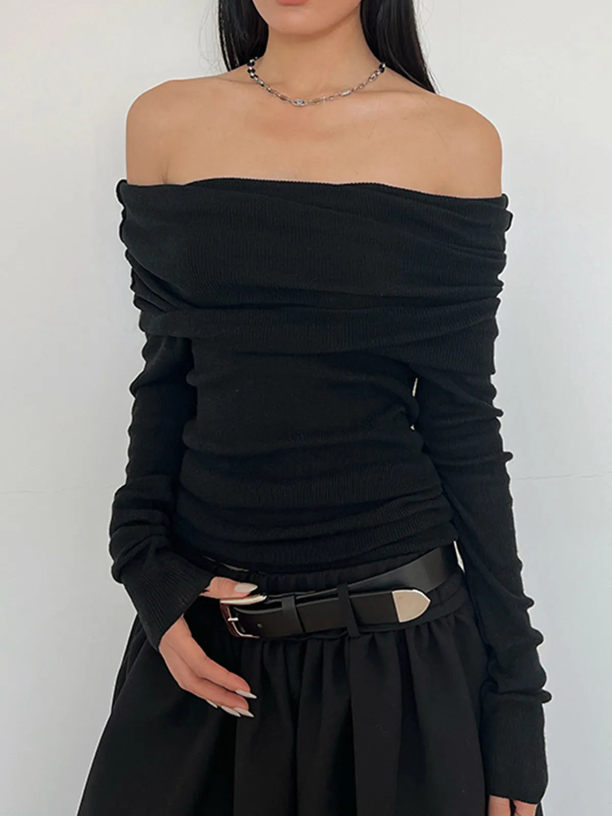 Overfold Off-Shoulder Mesh Shirt
