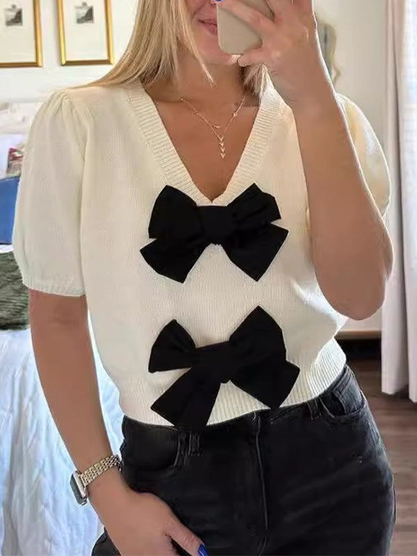 V-Neck Short-Sleeved Double Bow Solid Color Sweater