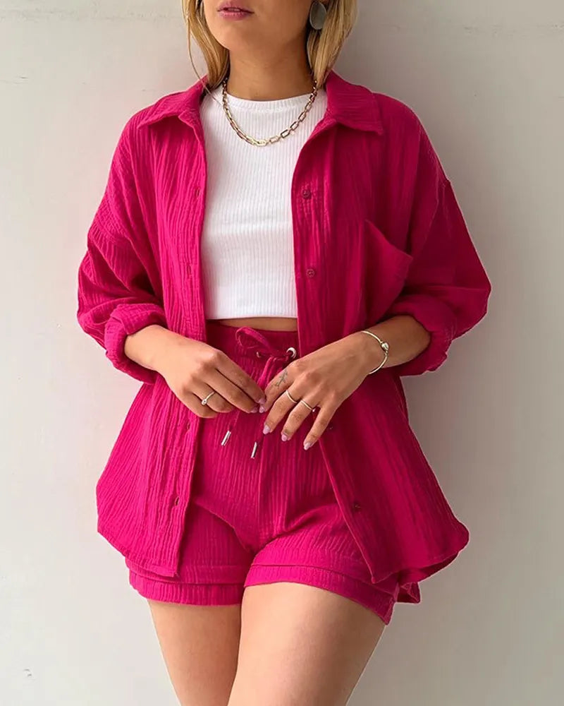 Fashion Shirt High Waist Drawstring Shorts Set