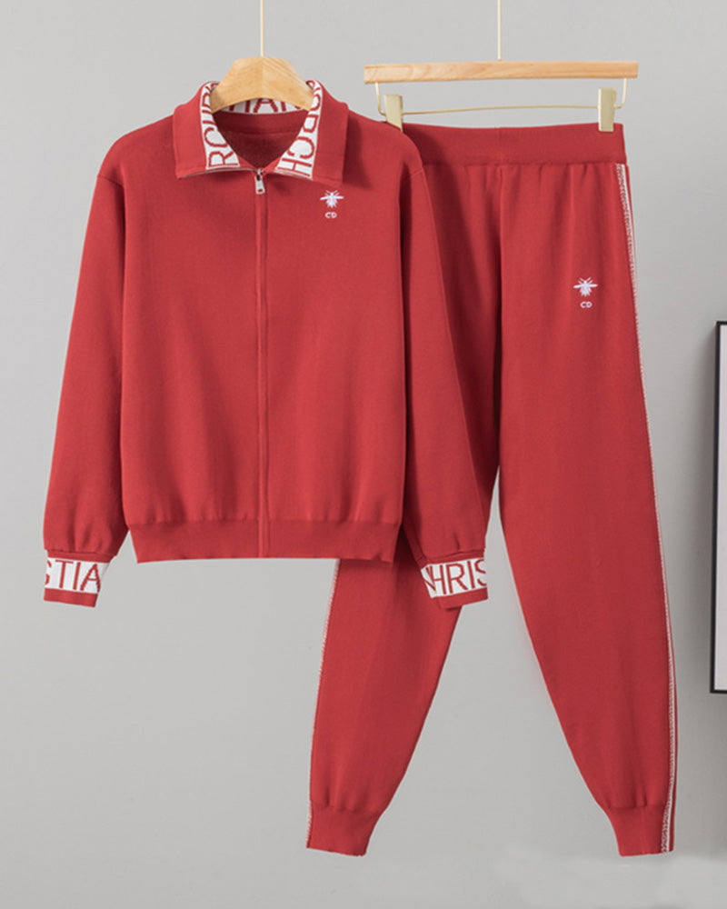 Zipper Embroidered Knitted Casual Two-piece Set