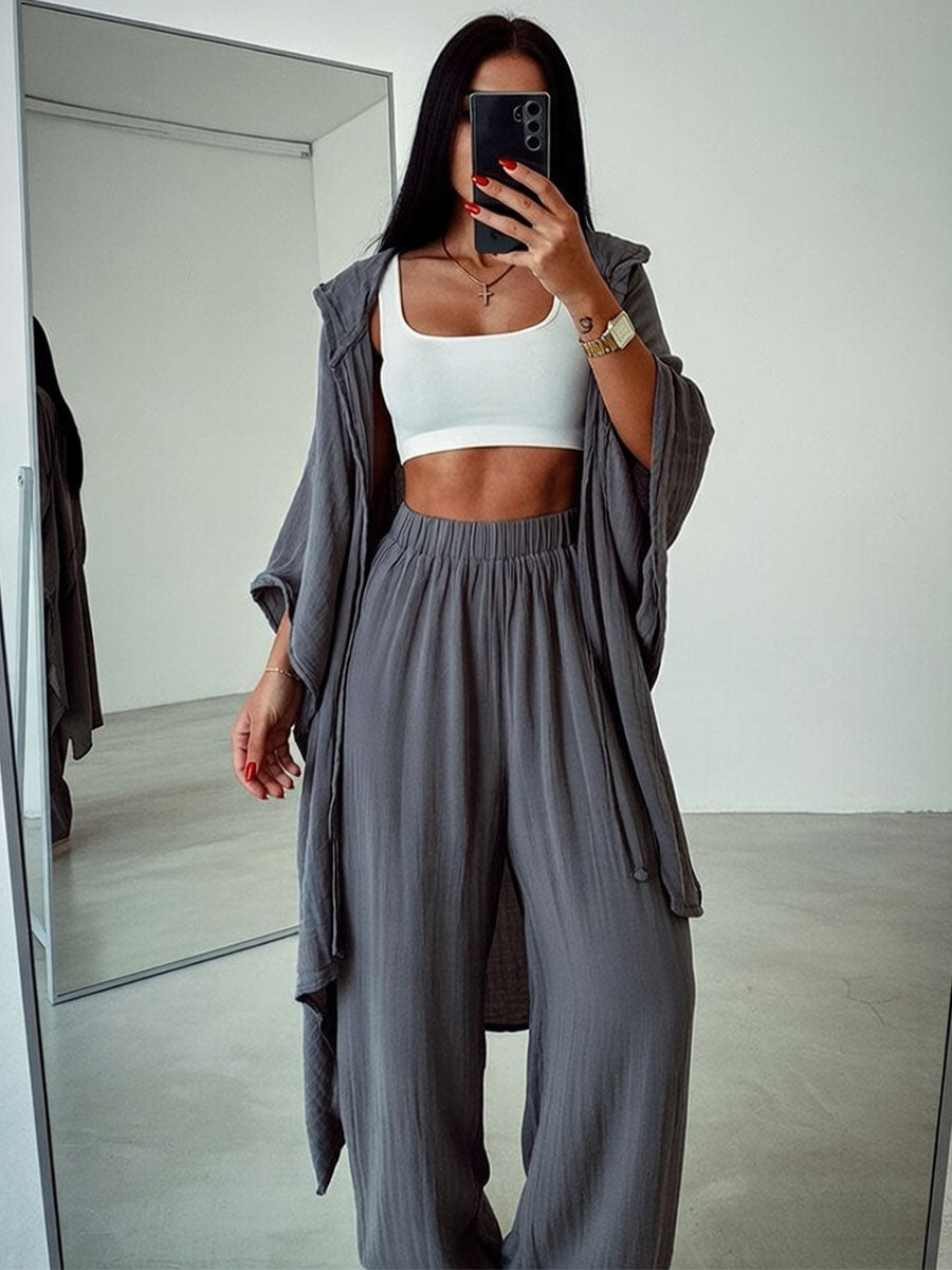 Chic hooded cardigan cotton and linen two-piece set