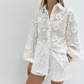 Stylish Embroidered See-Through Shirt & High-Waisted Shorts Set