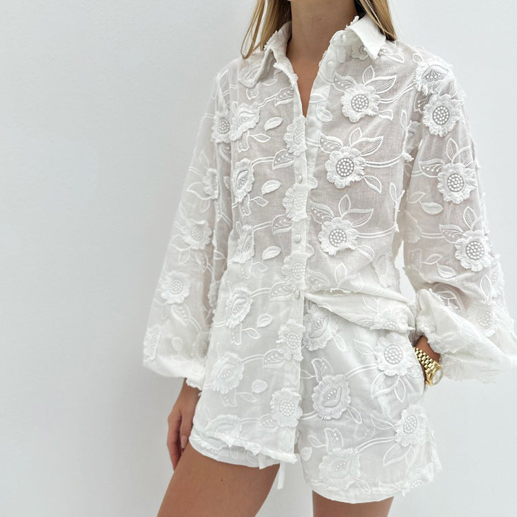 Stylish Embroidered See-Through Shirt & High-Waisted Shorts Set