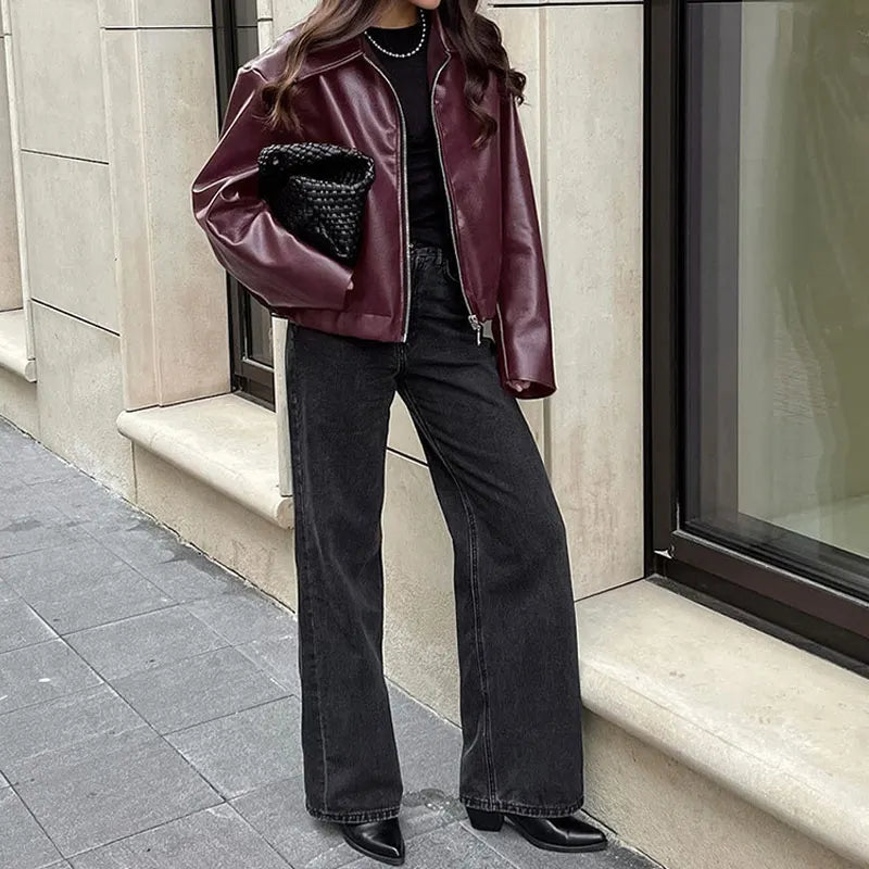 Stylish Lapel Leather Biker Jacket