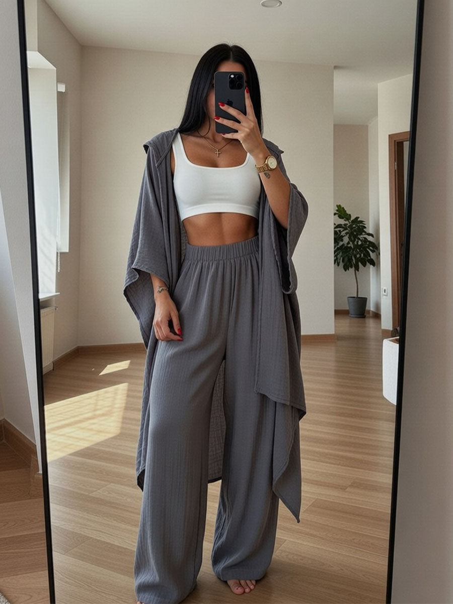 Chic hooded cardigan cotton and linen two-piece set