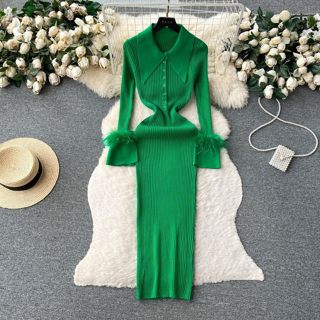 Open Collar Fuzzy Hem Long Sleeve Midi Sweater Dress