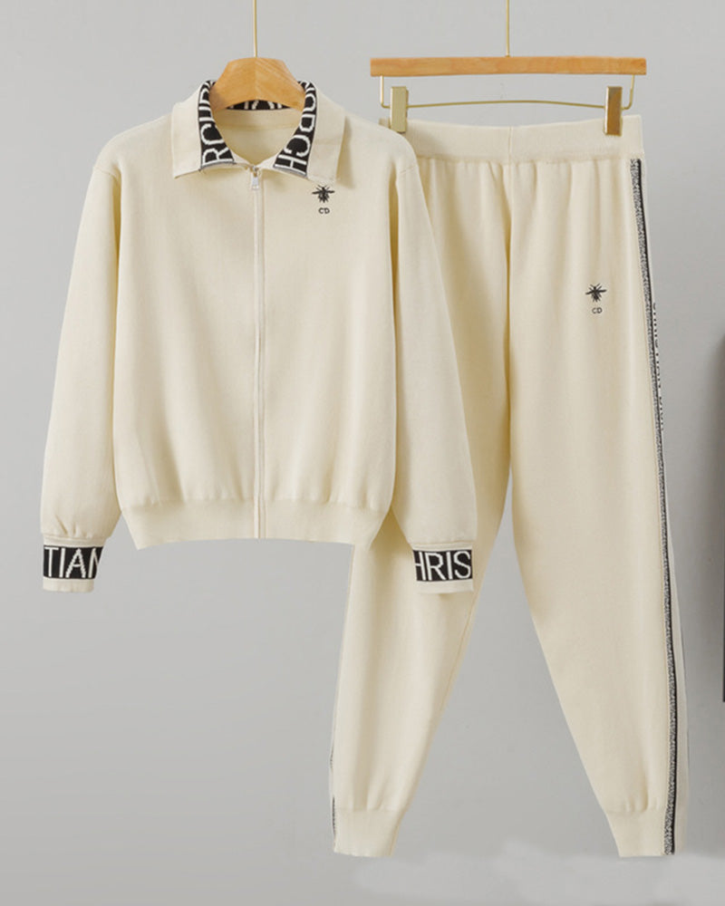Zipper Embroidered Knitted Casual Two-piece Set